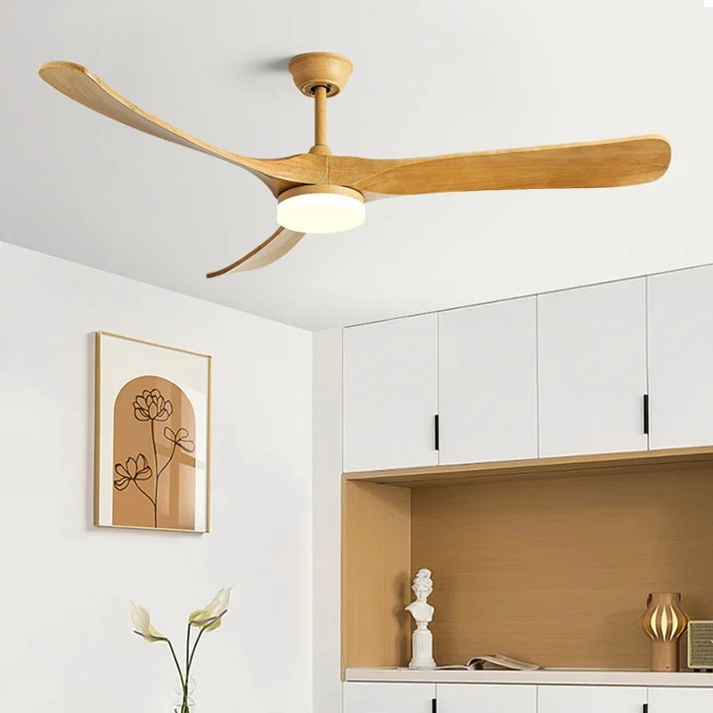 ventilateur de plafond bois naturel de luxe avec led réversible été hiver