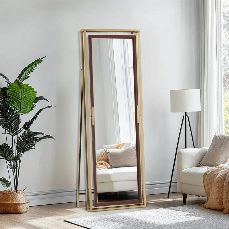 miroir sur pied décoratif avec cadre en métal doré