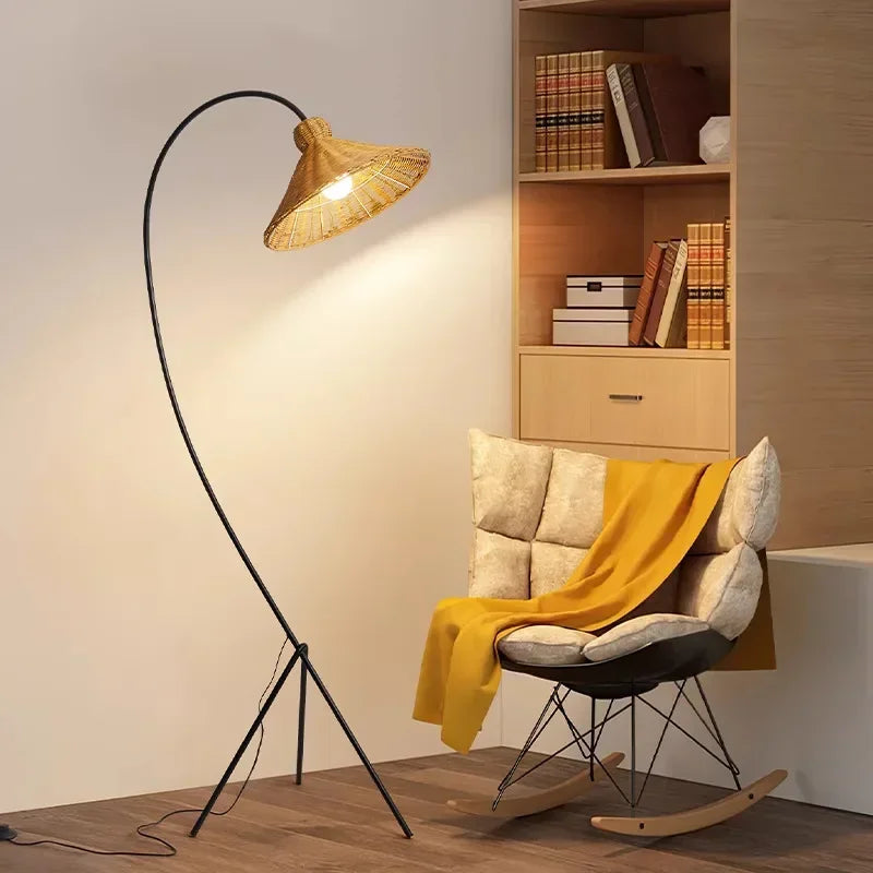 Nordic Tripod Floor Lamp with Rattan Shade Standing Light for Living Room Bedroom