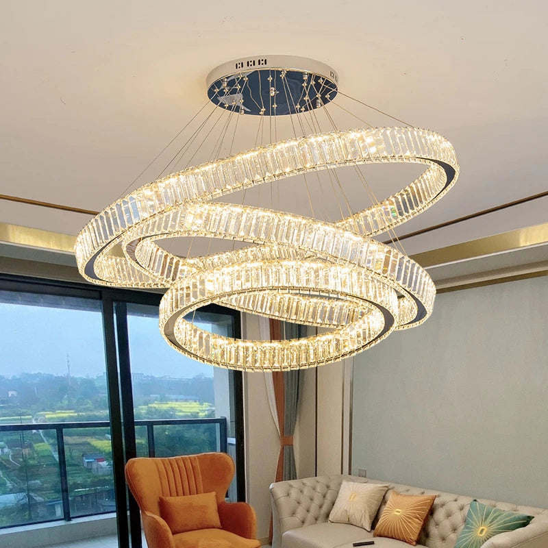 lustre moderne en cristal avec anneaux réglables pour décoration intérieure