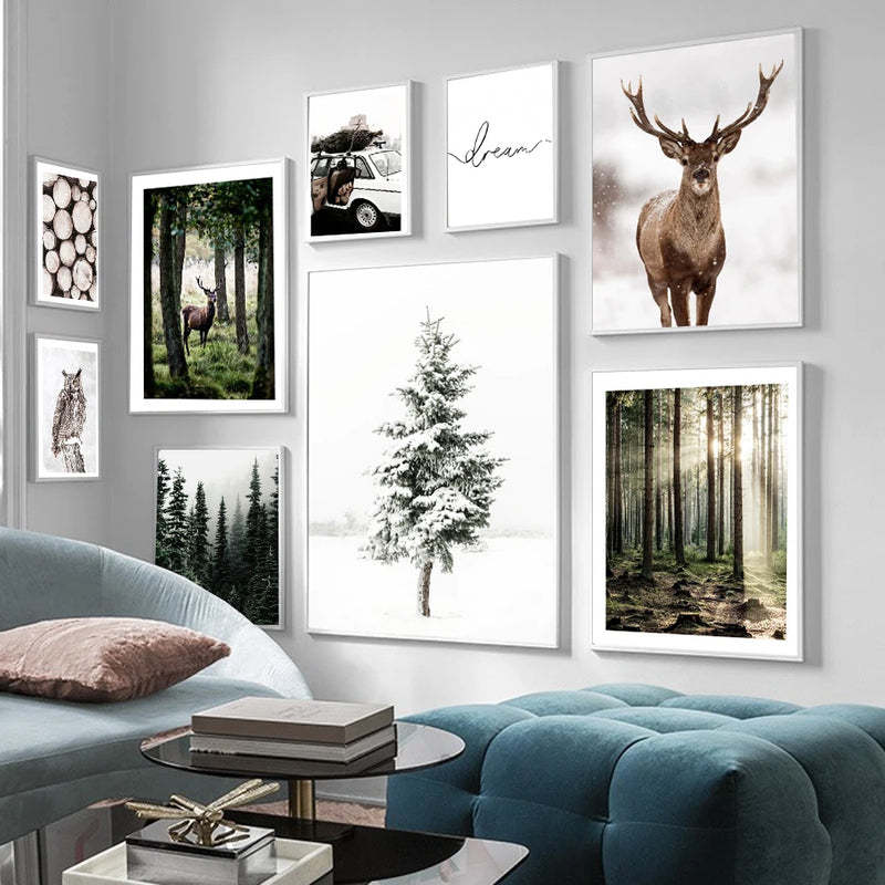 paysage hivernal cerf hibou forêt toile déco murale