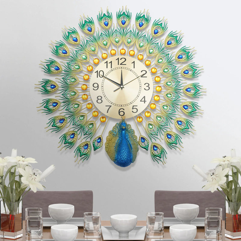 horloge murale silencieuse en métal motif paon décorative intérieure