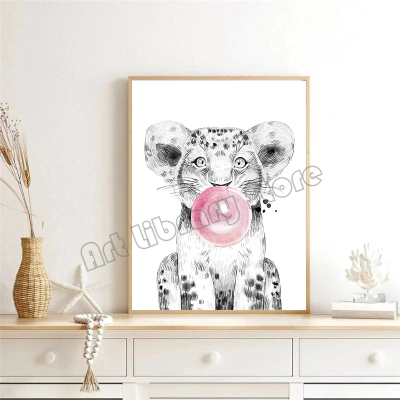 Tableau affiche animaux de safari girafe zèbre ballon rose décoration murale