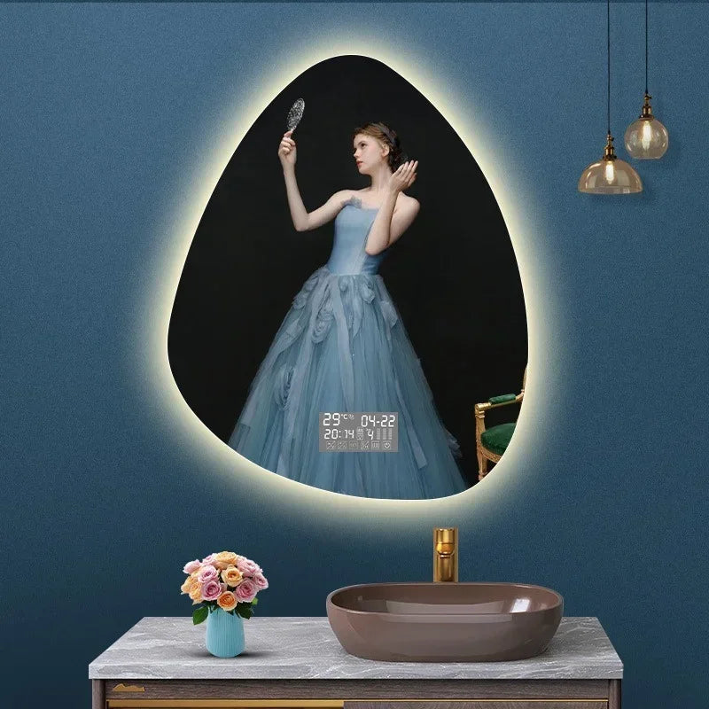 miroir vertical irrégulier avec lumière led et haut-parleur bluetooth