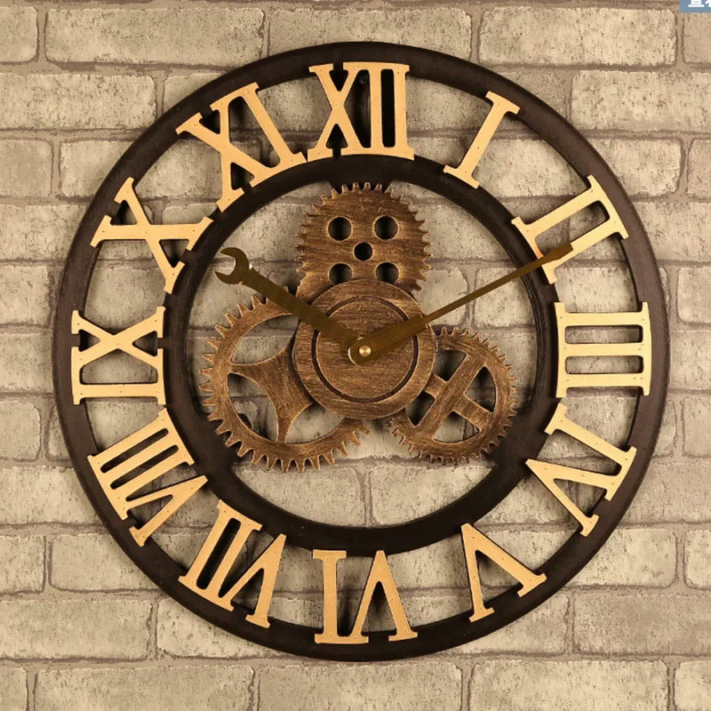 horloge murale moderne à engrenages en bois vintage silencieuse