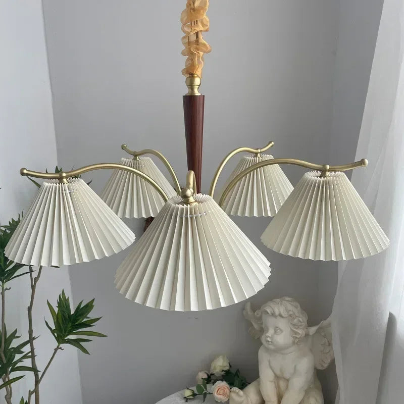 lustre suspendu nordique rétro abat-jour en tissu plissé lampe décorative