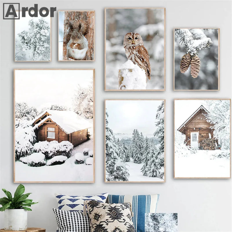 toile décoration murale hiver renard hibou cerf forêt neige