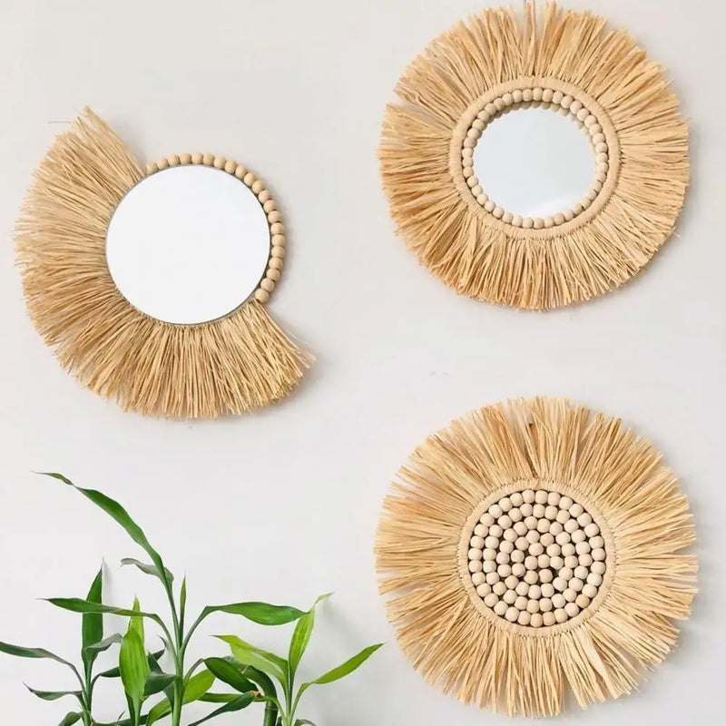 miroir suspendu en raphia et perles en bois décoratif multifonctions