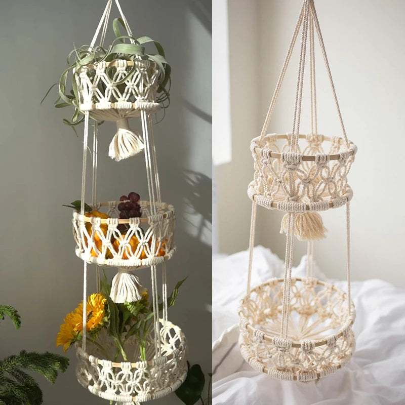 panier suspendu en macramé pour plantes et fruits décoratif