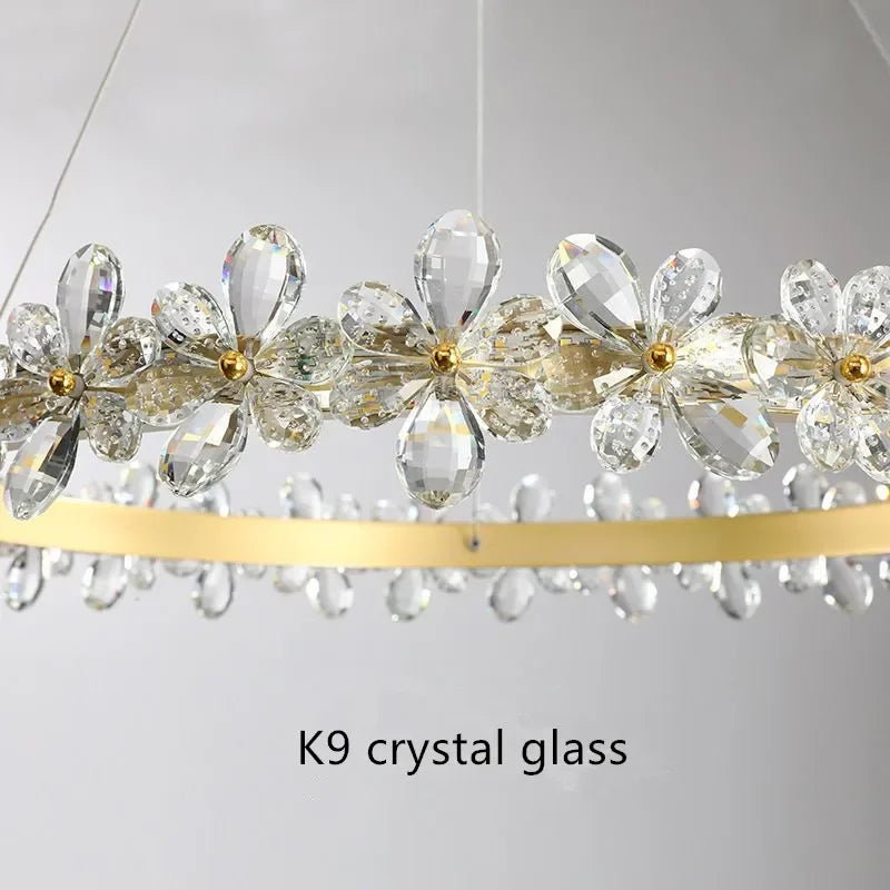 lustre en cristal k9 style nordique avec anneau en pétales et led