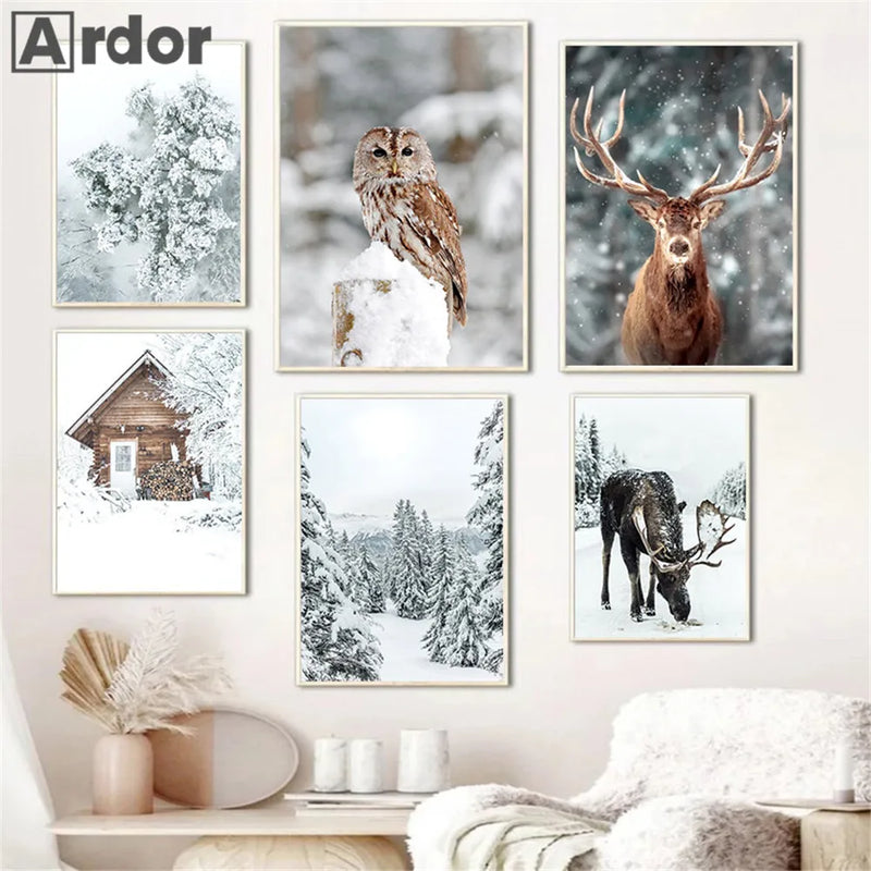 toile murale décorative renard hibou cerf hiver forêt neige