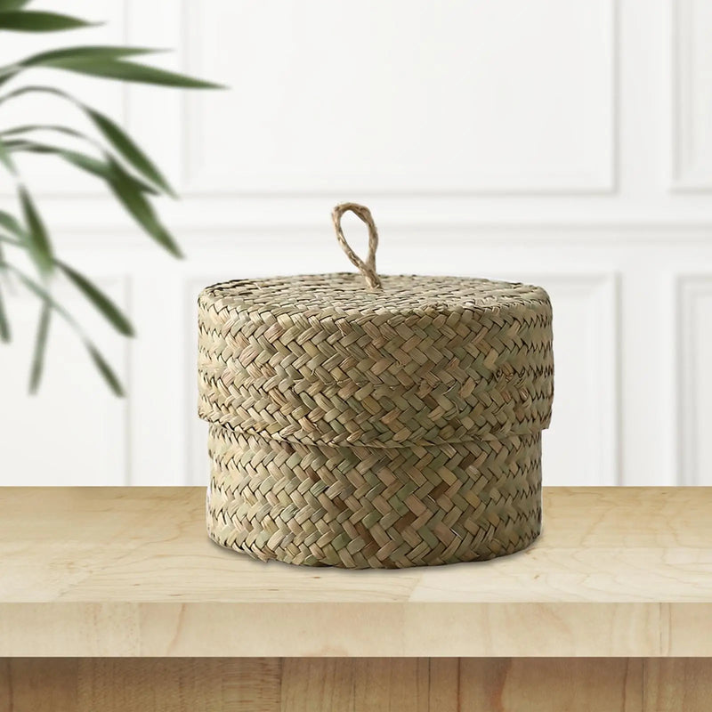 panier de rangement en rotin tissé fait main avec couvercle