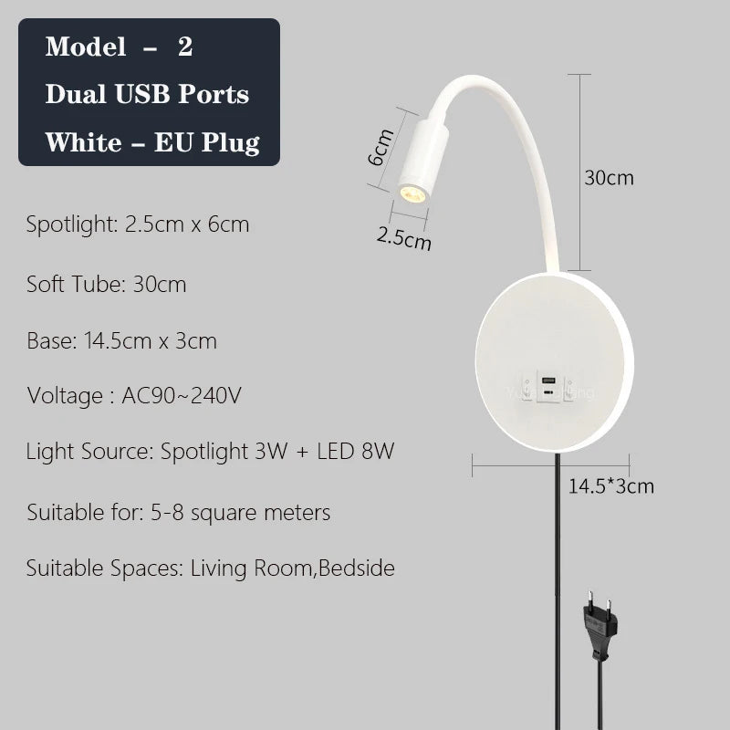 applique murale led réglable avec ports usb design moderne