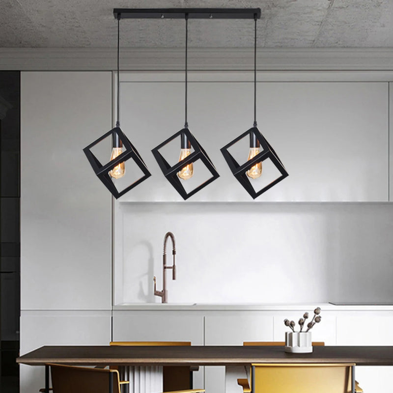 Black Geometric Pendant Lighting Modern Square Hanging Light Ceiling Fixture for Kitchen Island, Foyer, Hallway, Bedroom E27