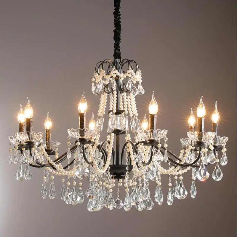 lustre moderne en cristal avec perles et éclairage led