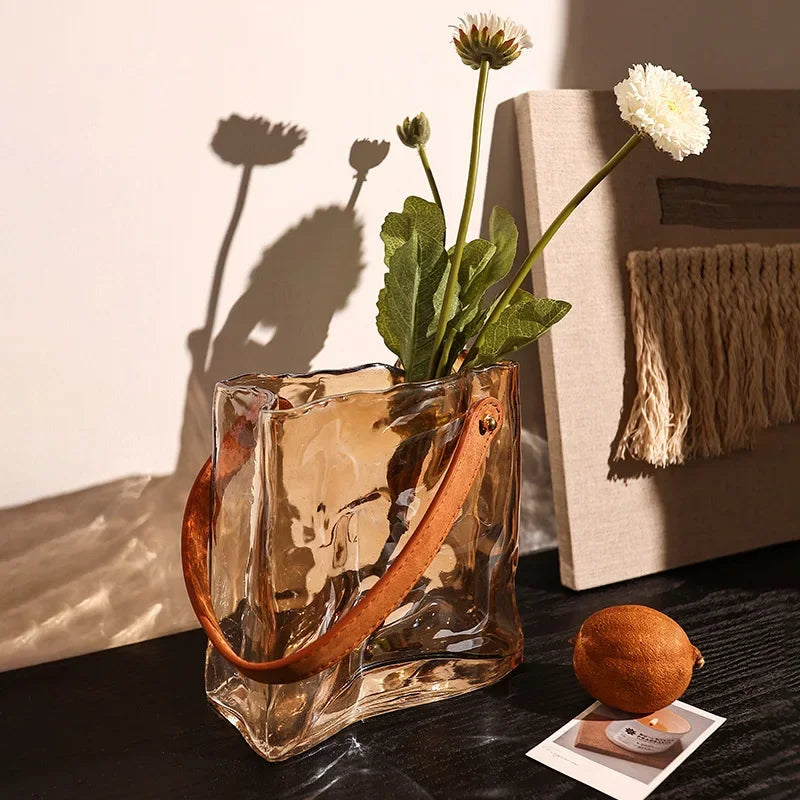 vase en verre style sac à main pour décoration intérieure hydroponique