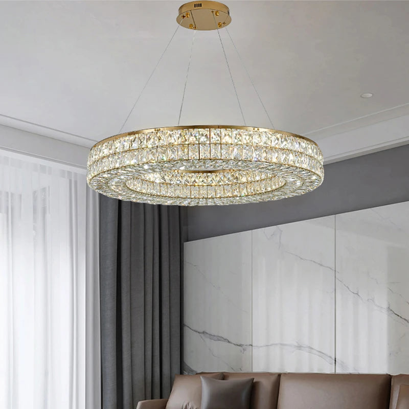 Lumière moderne luxe doré rond plafond lustre en cristal salon intérieur créatif anneau lumière LED lumineuse lustre