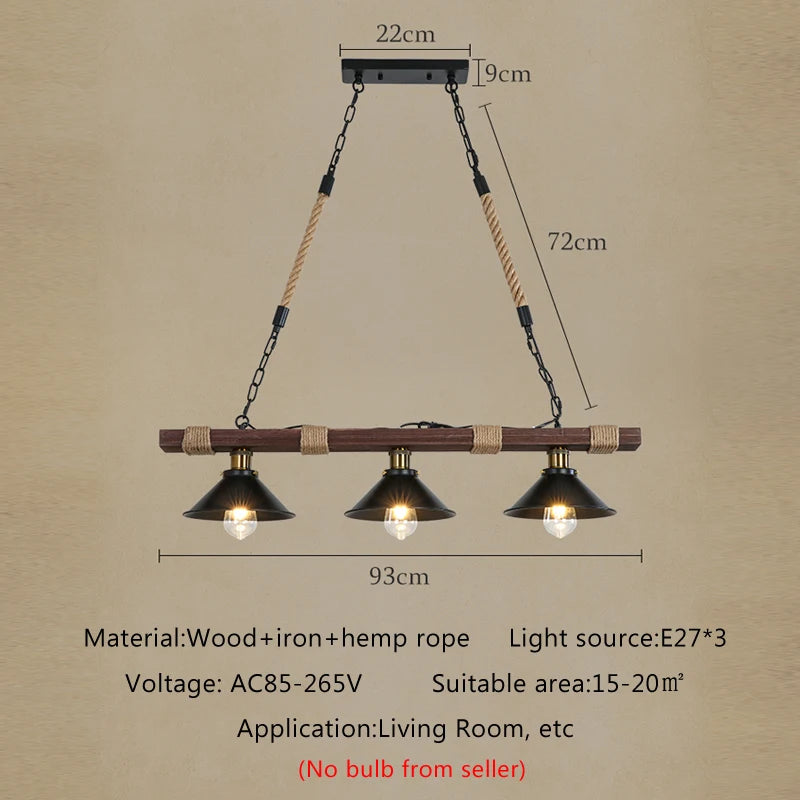 lustre vintage industriel en bois massif avec corde de chanvre