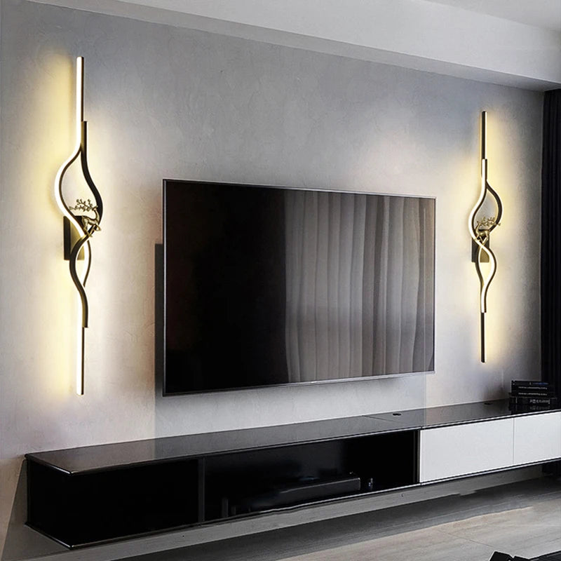 Modern Living Room Long Wall Lights with Anlter Design Gold Black TV Background Decorative Wall Lamp for Bedroom Remote Control