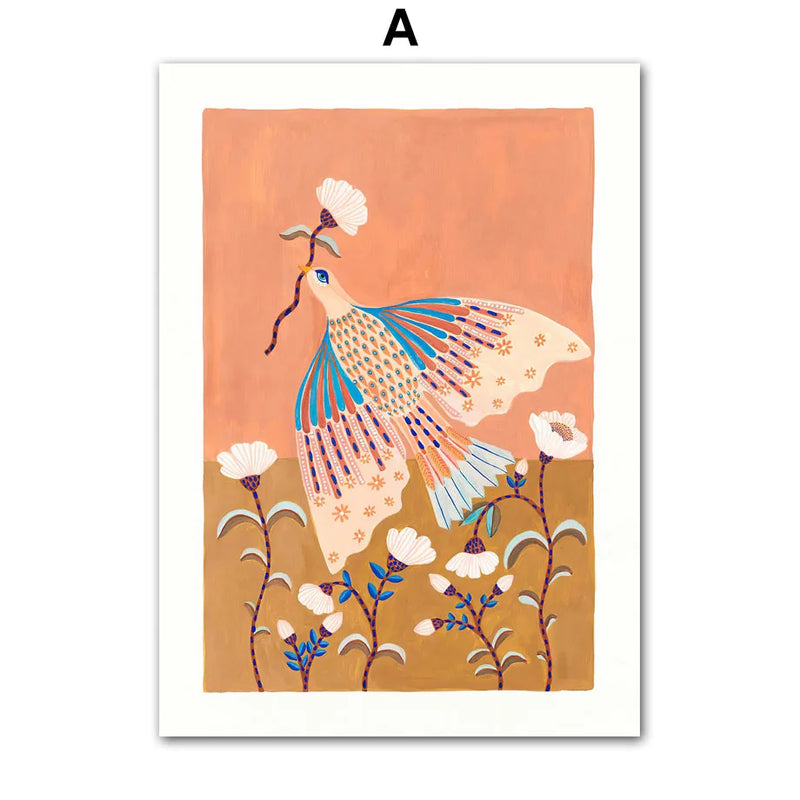 Tableau affiches aquarelle fleurs papillon oiseau style boho décor mural pour enfants