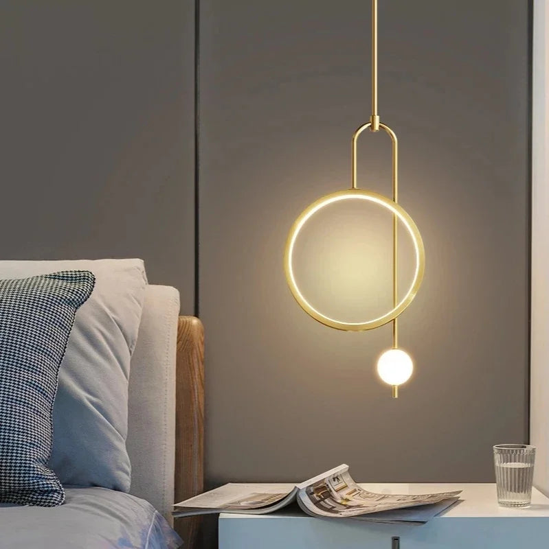 Gold Ring Pendant Light Modern Ball Led Hanging Lamp Bedroom Bedside Nordic Living Room Home Decor Background Lighting