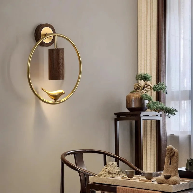 Walnut Wood Circle Brass bird, Wabi-sabi Modern style, Wall Sconce light for Bedroom, Bedside, Living, Recreation, Study