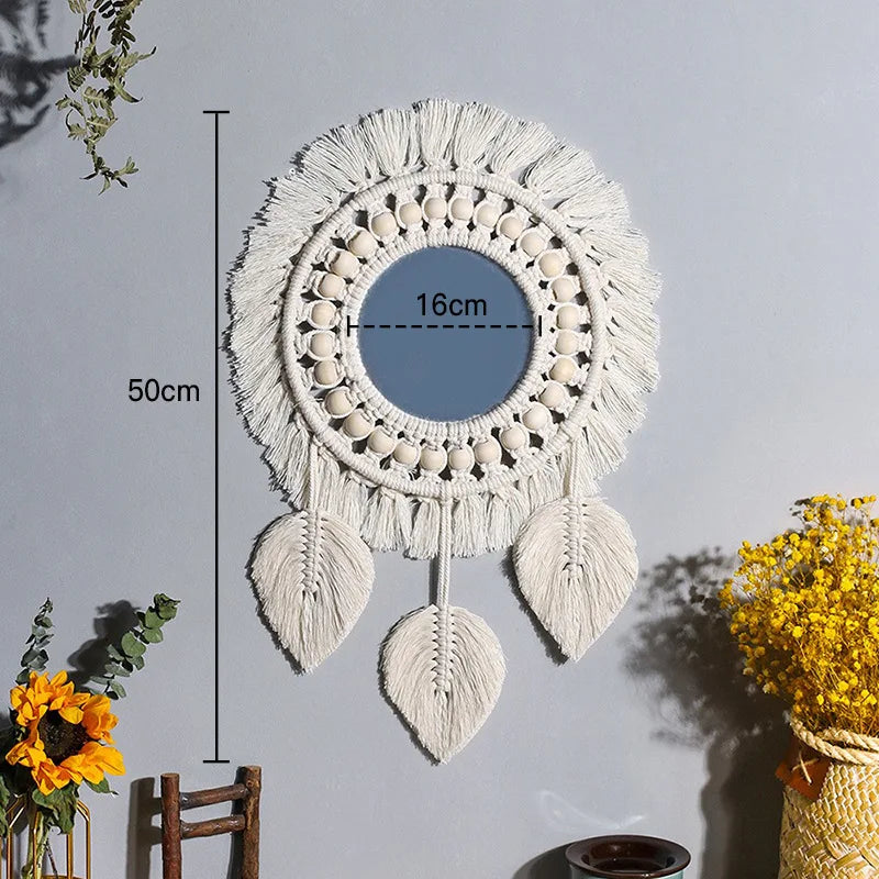 miroir rond en macramé style bohème pour décoration murale