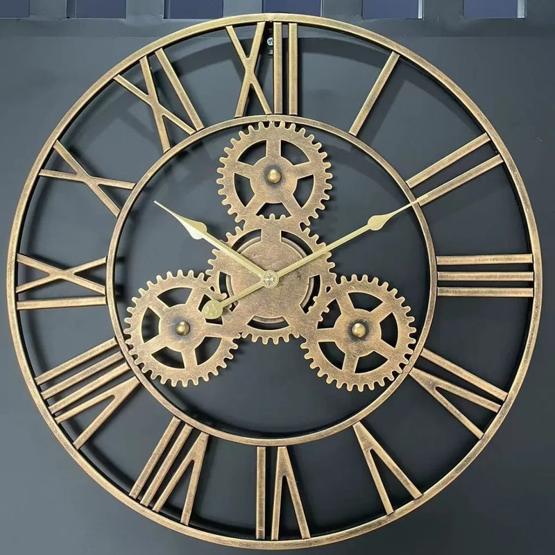 horloge murale rétro en métal avec grand engrenage décoratif