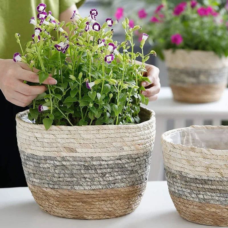 panier à fleurs en paille tressée pour plantes et jardin