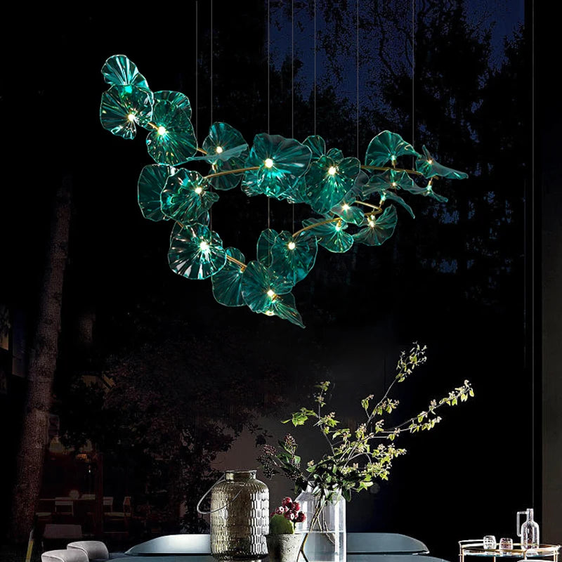 lustre artistique avec feuilles de verre suspendu led pour hôtel