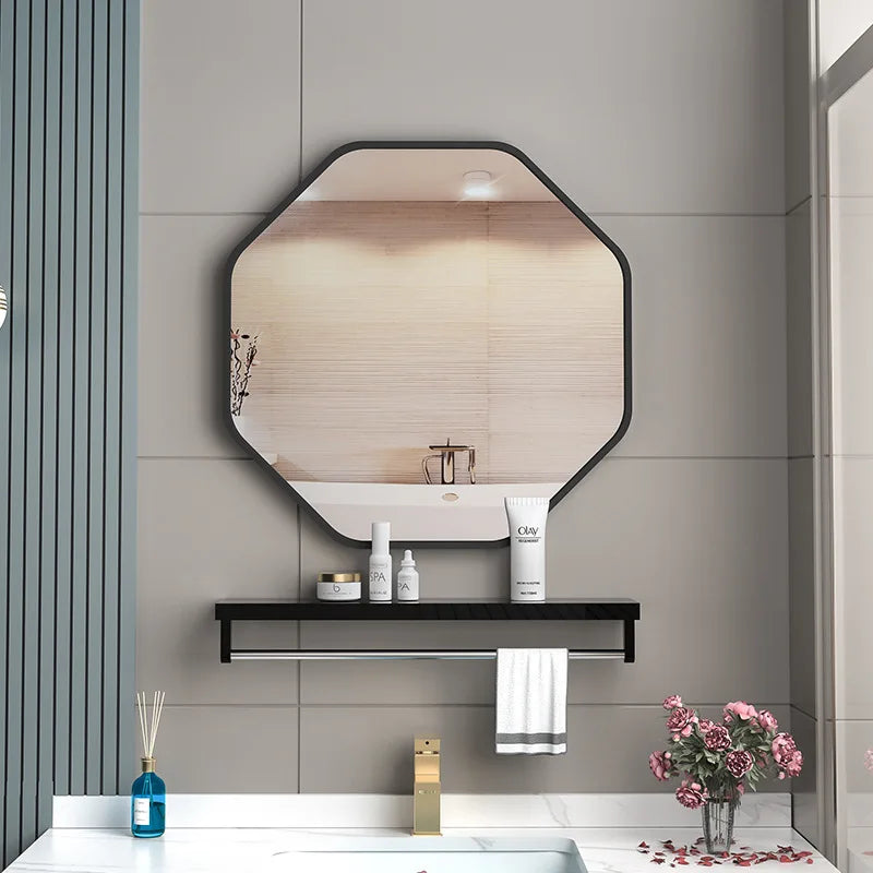 miroir irrégulier avec support de rangement pour maquillage