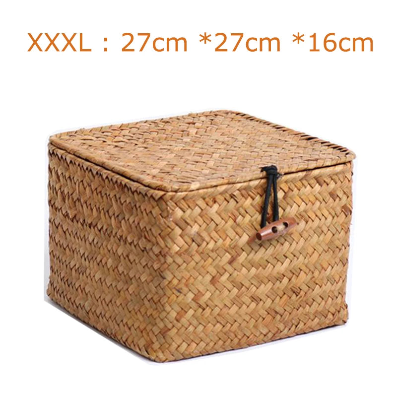 panier de rangement en algues tissé à la main avec couvercle