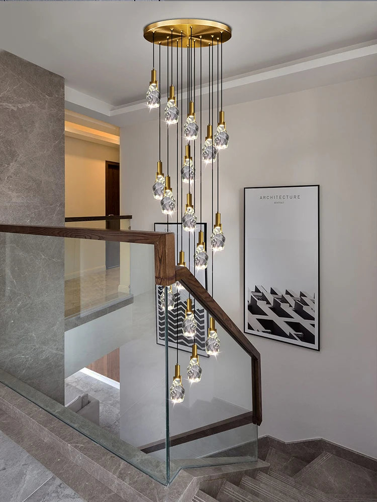 lustre moderne créatif en cristal pour escalier colimaçon