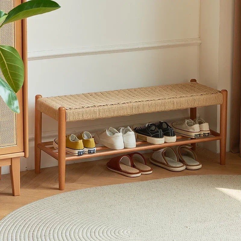 tabouret à chaussures en bois massif tressé en rotin style rétro moderne