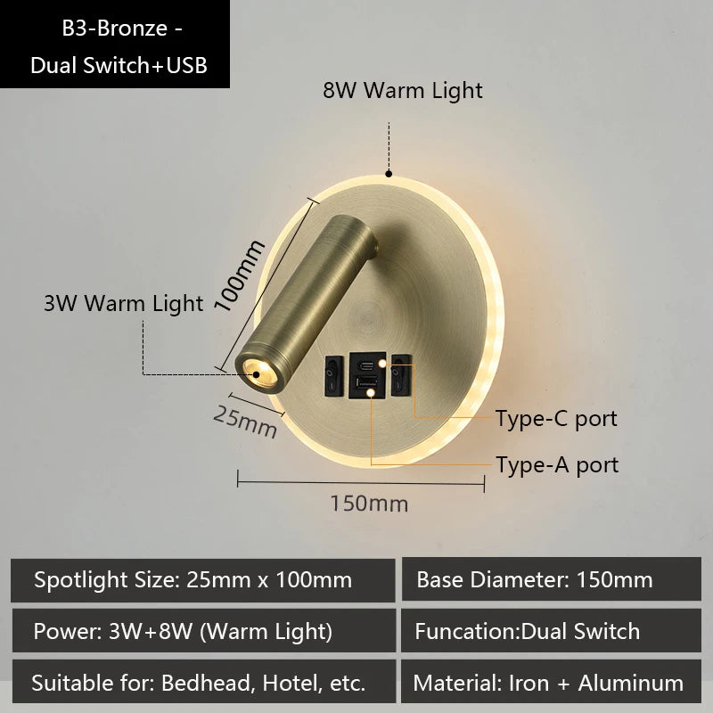 applique murale led moderne avec ports usb et lampes de lecture réglables