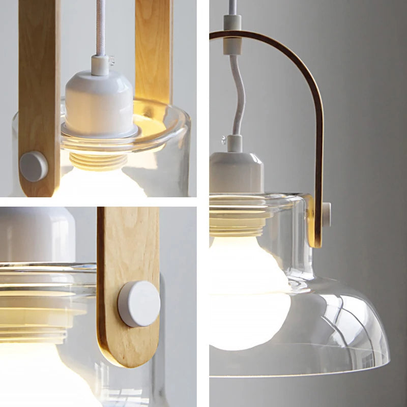 suspension moderne en verre transparent avec ampoule en bois