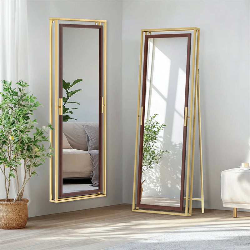 miroir sur pied décoratif avec cadre en métal doré