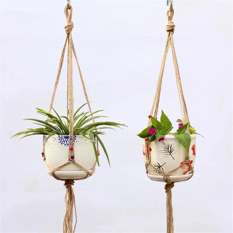 panier suspendu en corde de chanvre pour plantes décoratives