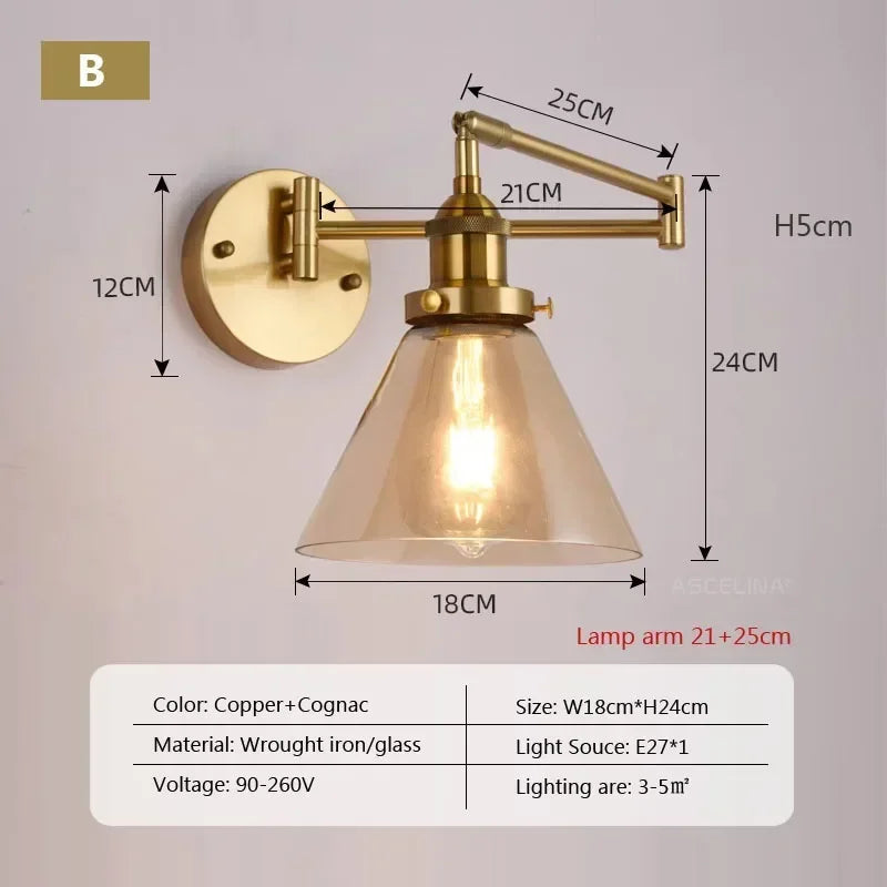 applique murale vintage réglable en verre à bras long