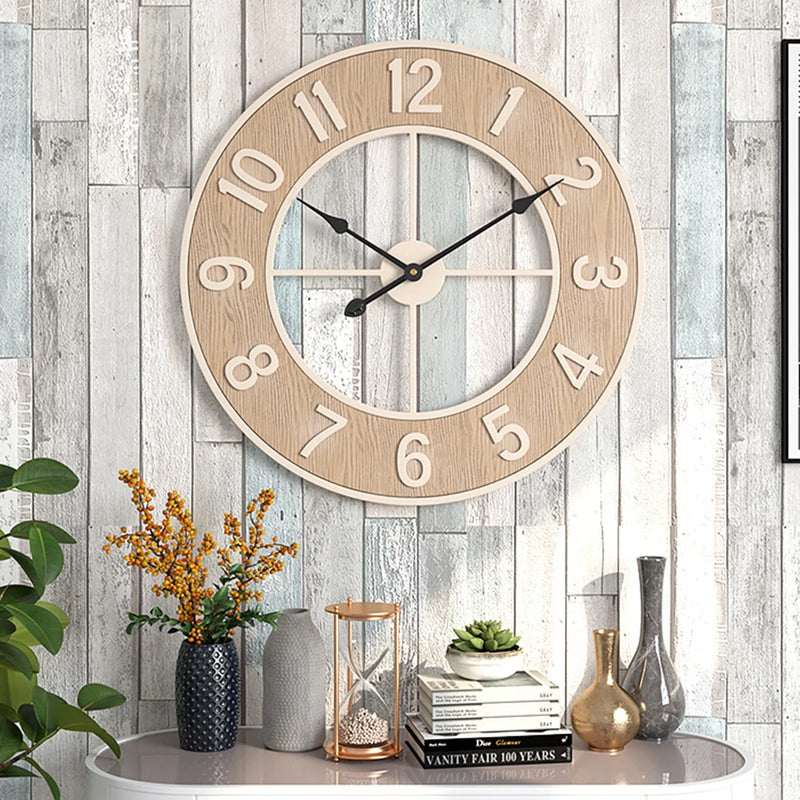 horloge murale silencieuse en grain de bois pour décoration intérieure