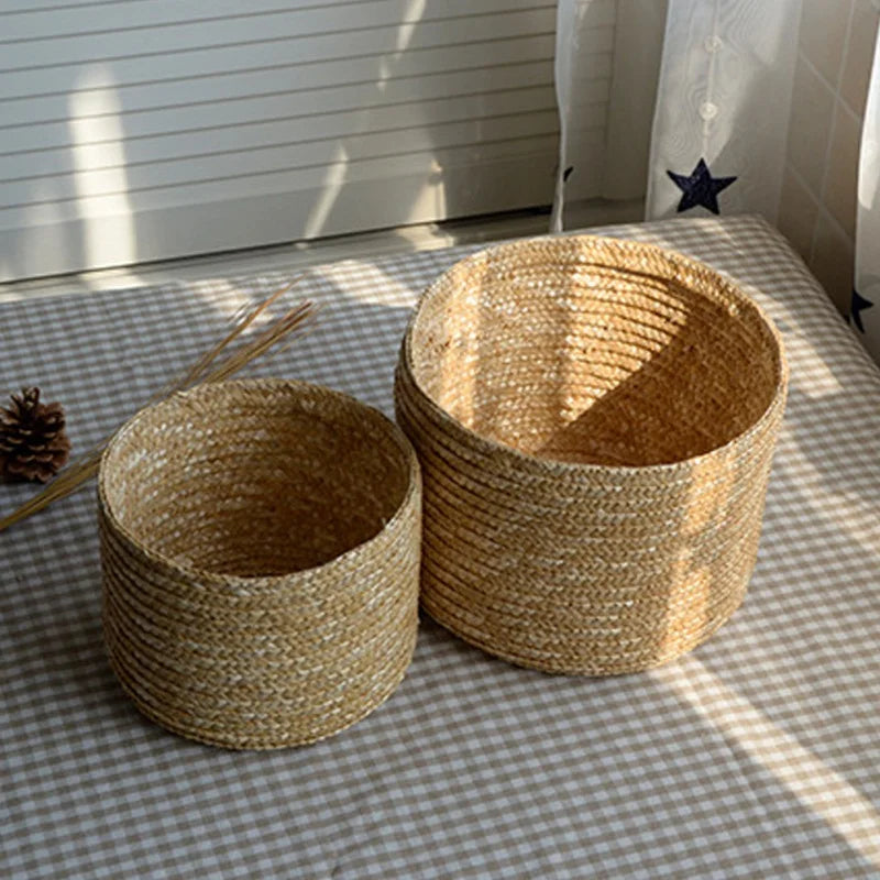 panier de rangement rond en paille tissée avec couvercle polyvalent