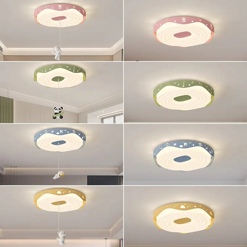 Nordic Kids Bedroom Pendant Lamps Pink Green Yellow Blue Rabbit Panda Bear Astronaut Children's Room Ceiling Light Round Shape