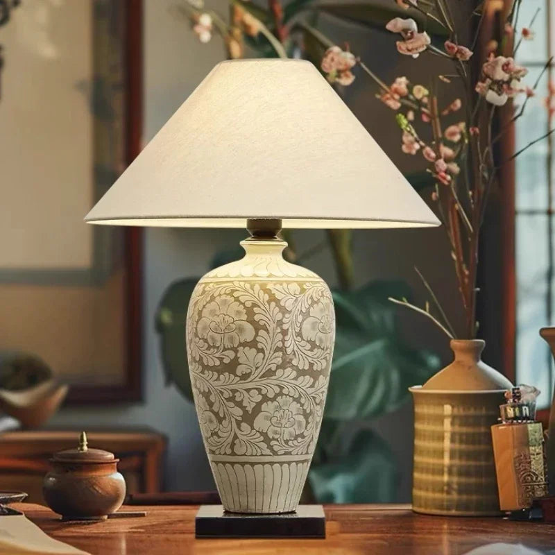 lampe de bureau rétro chinoise en céramique avec abat-jour en tissu