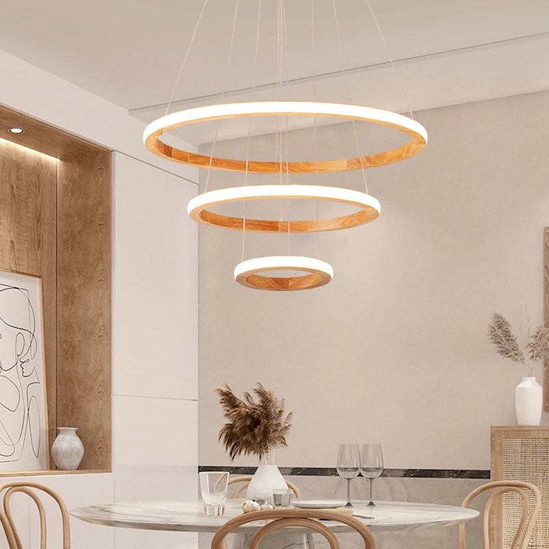 suspension moderne en bois avec lustre rond design lumineux