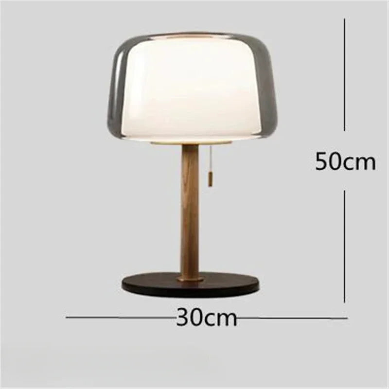 lampe de table moderne en bois et marbre avec abat-jour en verre