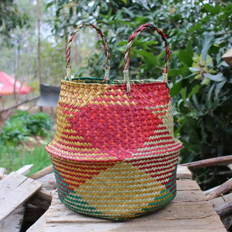 panier de rangement en paille avec poignée pliable pour jardinage