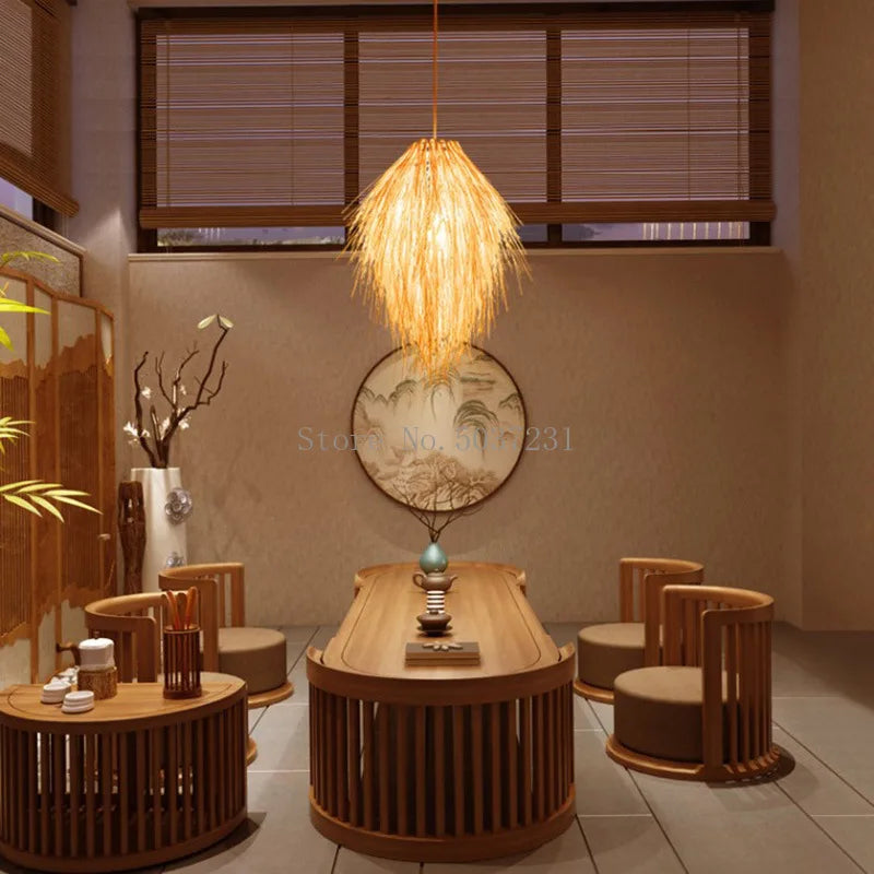 lustre en rotin tissage bambou chapeau de paille lampe pastorale décor salle