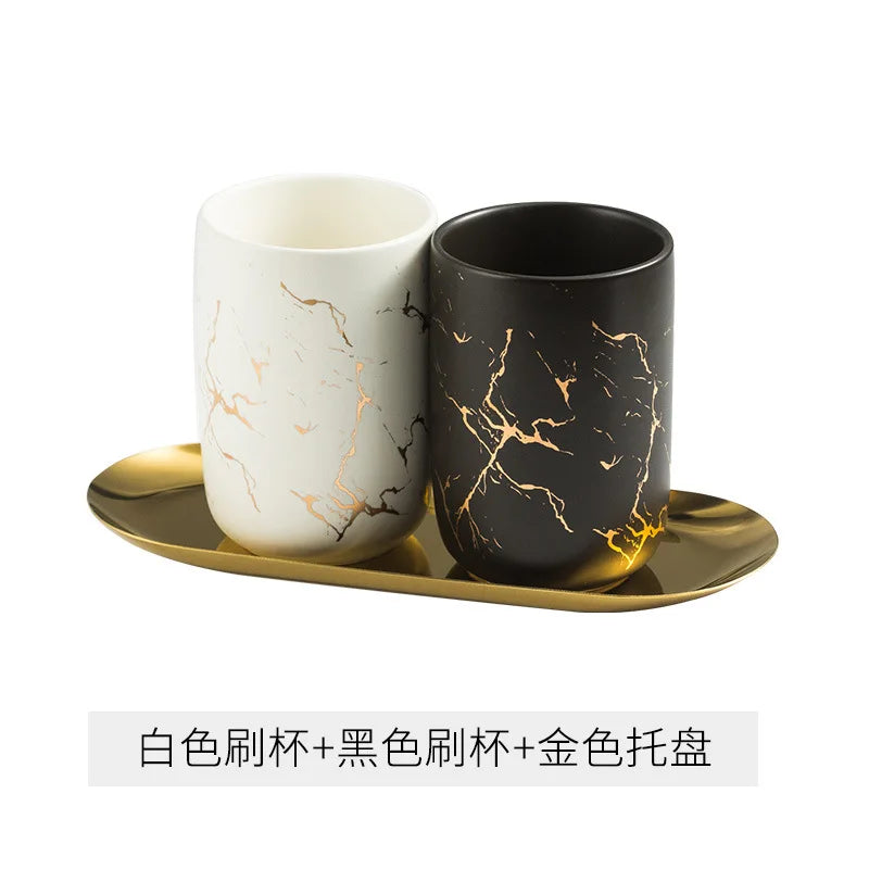 tasse de bain de bouche en marbre doré pour couple et accessoires