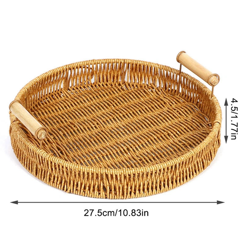 plateau de rangement en rotin tissé avec poignées en bois