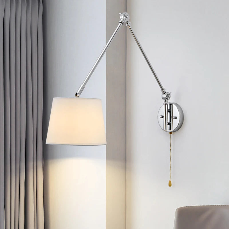 Luxury Chrome Wall Lamp Swing Long Rocker Arm Wall Light LED E27 Adjustable Joint Fabric Sconce Reading Wall Lamps with Switch